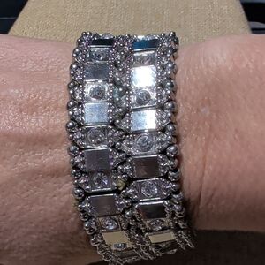 Vintage Wide Silvertoned Chunky Stretch Bracelet With Rhinestone Accents